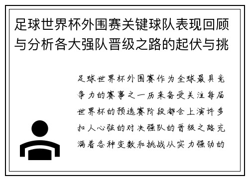 足球世界杯外围赛关键球队表现回顾与分析各大强队晋级之路的起伏与挑战