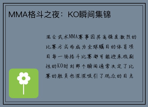 MMA格斗之夜：KO瞬间集锦
